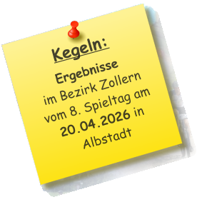 Kegeln:   Ergebnisse  im Bezirk Zollern vom 8. Spieltag am 20.04.2026 in Albstadt